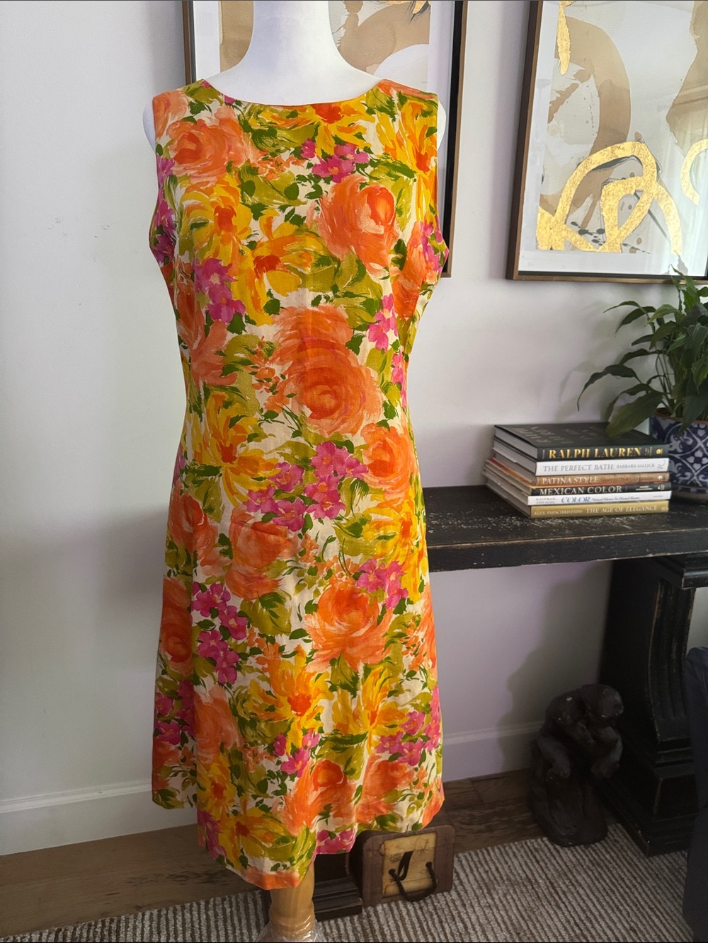 1960s Waltah Clarke's Hawaiian Shop floral orange pink cotton sleeveless dress